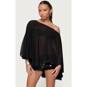 Edikted Women's Sheer Chiffon Asymmetric Poncho