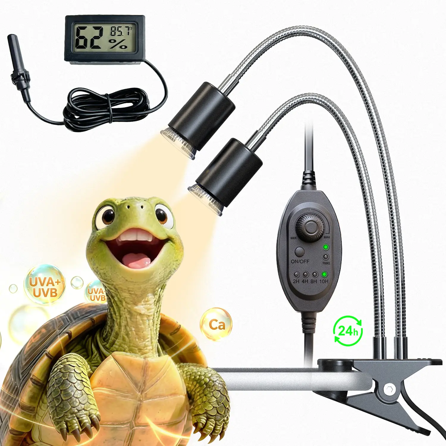 All-in-One Reptile Heat Lamp Bundle, Dual-Head UVB&UVA Lamp with Timer & Hygrothermograph, High UVA Lighting for Turtle, Tortoise, Bearded Dragon, Lizard, Snake, Amphibians, Easy to Install