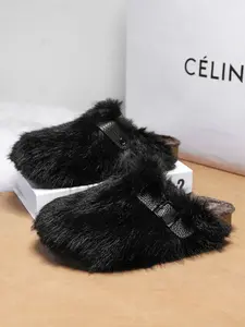 Luxurious Long Fur Non Slip Slippers for Men and Women, Round Toe Soft Sole, Adjustable Buckle, Anti-Slip, Retro Fashion Casual Walking Shoes, Fuzzy Warm Slippers, Fuzzy House Slippers, Footwear