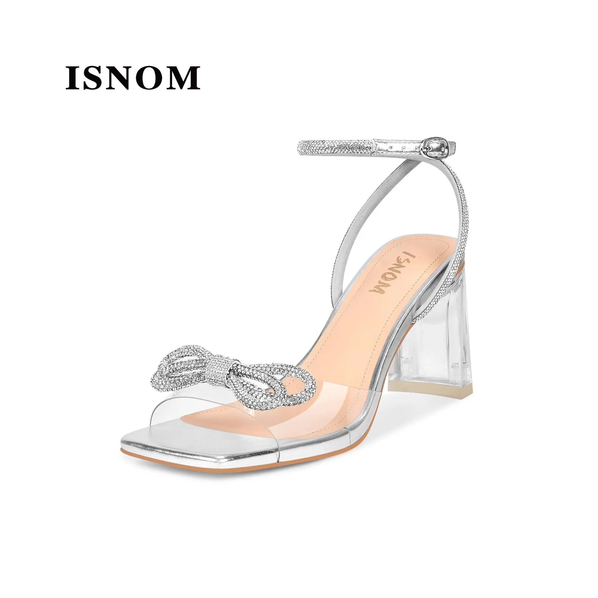 ISNOM Womens Clear Heels: Bow Rhinestone Glitter Wedding Sandals-Chunky Heel for Stability & Elegance-Adjustable Ankle Strap for Formal Events, Parties, Date Nights & All Occasions Footwear Girl #WeeklyDeals  #tiktokshopsummersale #tiktokshopbacktoschool
