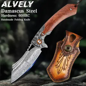 ALVELY handmade high quality Damascus steel pocket knife, high hardness sharp blade, men's folding knife with leather sheath, liner lock, red acid wood handle, pocket clip, EDC outdoor camping, mountaineering travel carrying tool pocket knife, gift