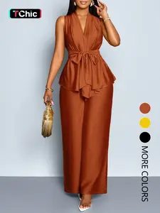 This women's summer casual elegance basic two-piece set includes a solid-color, belted V-neck sleeveless shirt and wide-leg trousers. The relaxed fit is perfect for warm weather and makes it a comfortable loungewear set