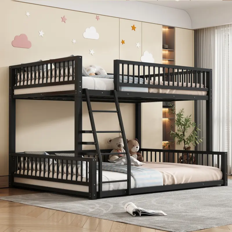 Full XL Over Queen Bunk Bed Frame, Heavy-Duty Metal Floor Bunk Bed with Safety Guardrails and Ladder for Kids Teens Adults, Space-Saving Convertible Bunk Bed, Noise-Free, Black