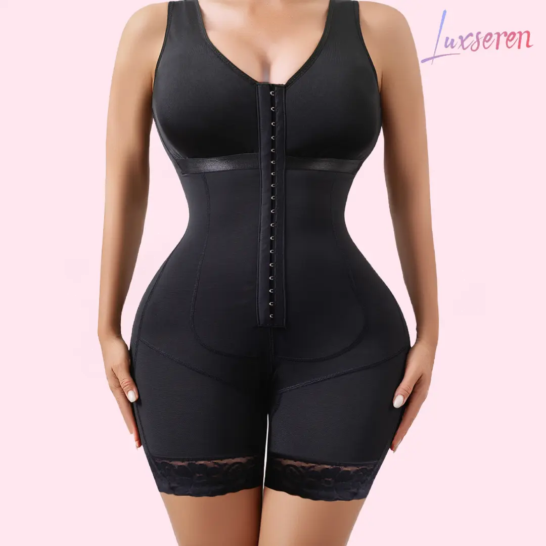 LUXSEREN Women's Lady Basic Full Bodysuit Shaper - Scoop Neck Tummy Control Waist Training Shapewear, Nylon Mesh-Polyester Fabric, Lace Trim, Adjustable Straps, Adjustable Hooks, Triple Layer, Body Contouring, 3/4 Coverage, Crotch Over, Sporty Chic