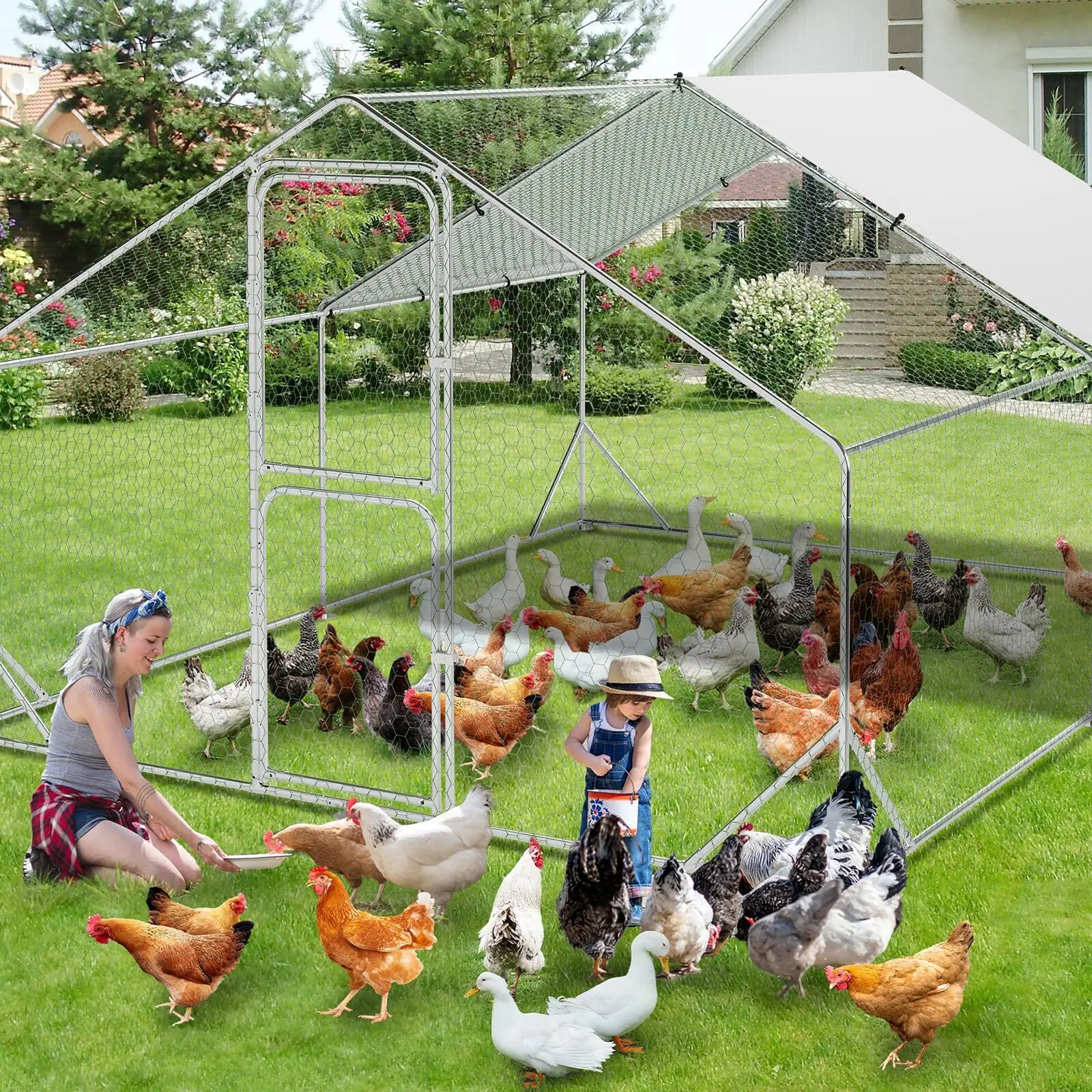 Large Metal Chicken Coop with Run, 9.8 x 13.1 x 6.6 Ft Walk in Poultry Cage Chicken Run Pen, Outdoor Chicken Runs with Waterproof & Anti-UV Cover for Backyard, Garden, Farm
