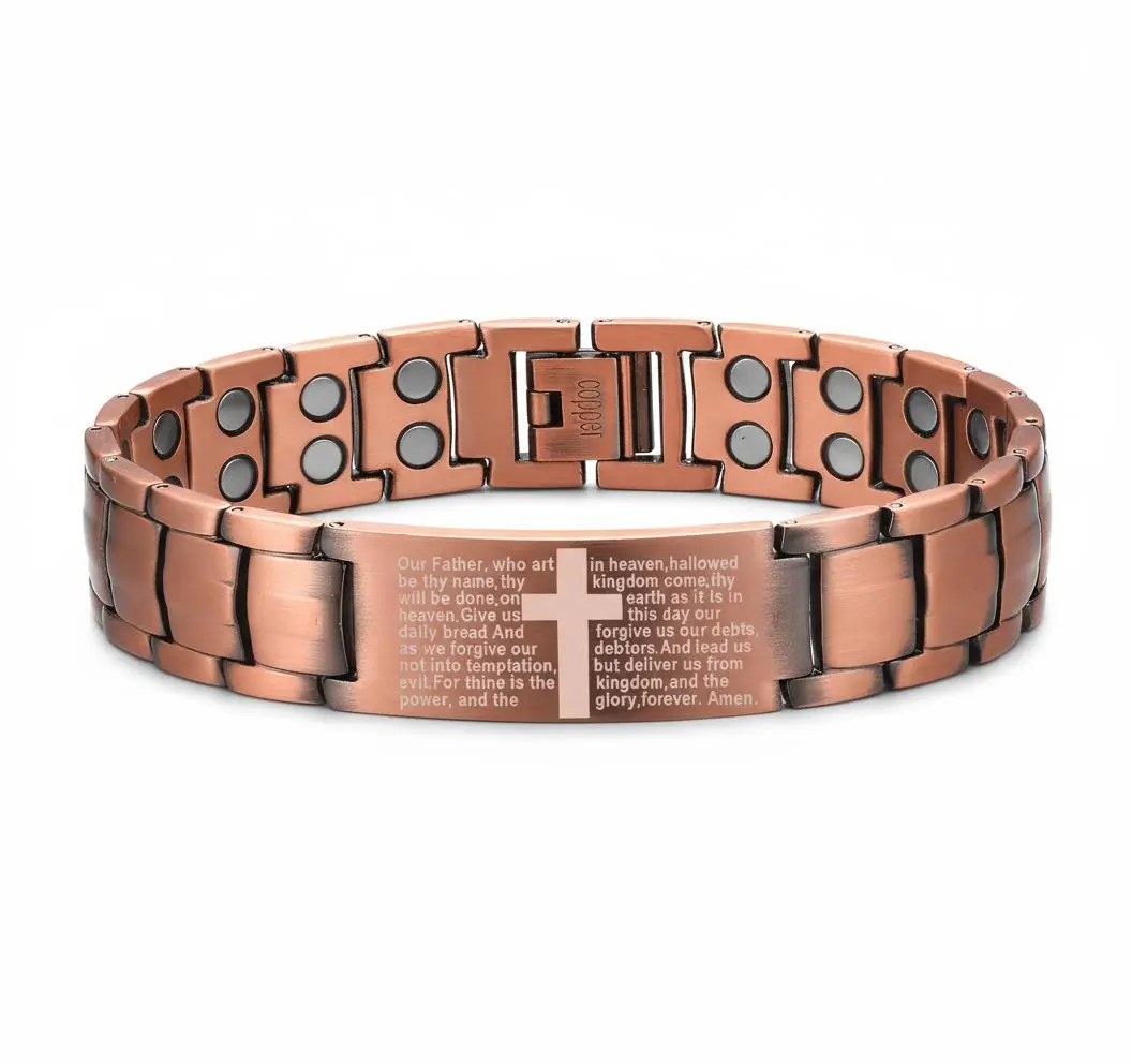 Men's Copper Metal Cross Motif Adjustable Slider Bracelet with Ultra-Strength Magnets, Adjustable Links, Sizing Tool, Jewelry Box for Casual Wear, Gifting, Adjustable Slider Bracelets