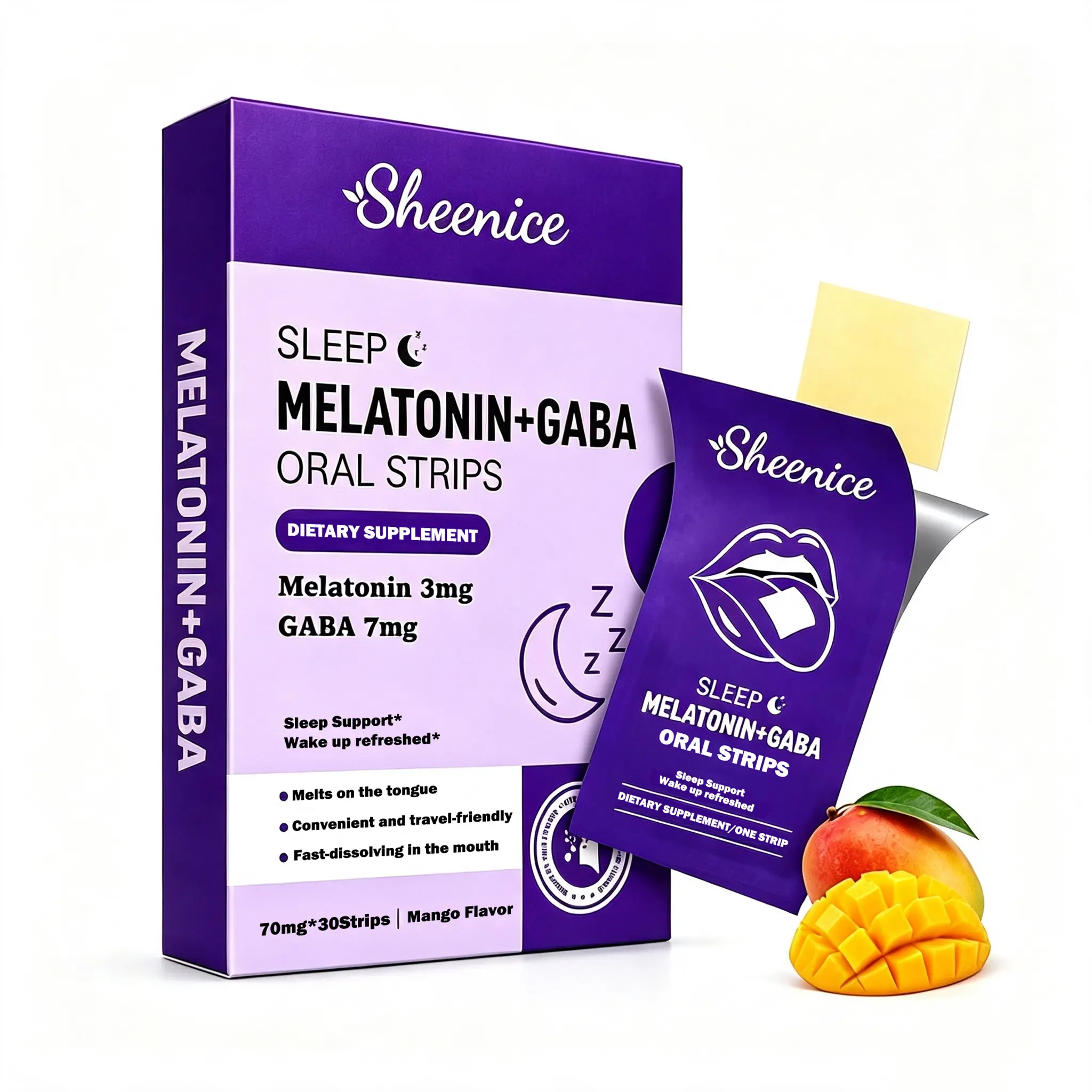 Sheenice Sleep Strips - 30 Servings, Mango Flavor - With Magnesium Citrate, Passion Flower Extract, Vitamin B5, Vitamin B6, L-Theanine, Magnesium L-Threonate, Sleep & Relax Support, Mood Support