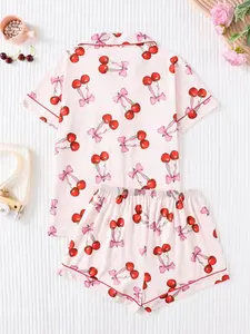 Women's All Over Cherry Print Button Front Shirt & Shorts Pyjama Set, Comfort Two-piece Pj Set for Homewear, Women's Sleepwear for All Seasons, Soft Sleepwear Loungewear