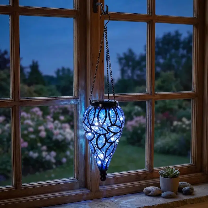 Moroccan-Style Blue Hanging Solar Lantern - Outdoor Waterproof Decor with Hook, Pathway Lighting, Unique Gift for Enthusiasts (Home Improvement Garden Supply) decorative sculpture