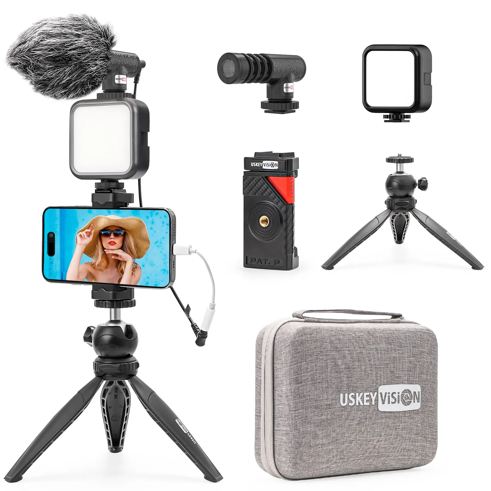 USKEYVISION Cellphone Vlogging Kit Complete - Mobile Selfie & Tech Accessories, Cellphone Tripod Light, Camera Stand, Auto-Switch Phone Clip, Microphone Combo for iPhone 15/14/13 Mini/Pro/Max, Android Smartphones (Vlog Kit 2) for Live Streaming, Vlogging