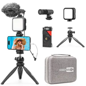 USKEYVISION Complete Cellphone Vlogging Kit - Cellphone Tripod Light, Camera Stand, Auto-Switch Phone Clip, Microphone Combo for iPhone 15/14/13 Mini/Pro/Max, Android Smartphones (Vlog Kit 2) for Live Streaming