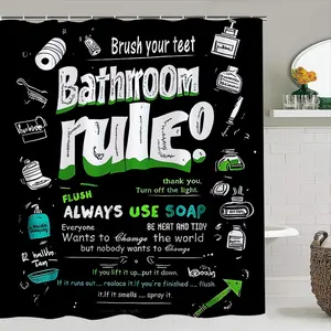 Creative Bathroom Rules Graffiti Board Set, Humorous Shower Curtain with Hooks, Non-Slip Mat, Toilet Lid Pad, Home Decor Gift, Bathroom Decoration Accessories, Shower Curtain Sets, Bathroom Supplies, Home Goods