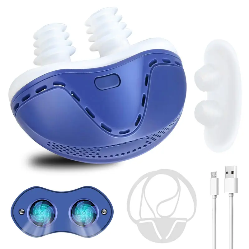 Double Vortex Anti-Snoring Device with Ear-Hanging Rope - Rechargeable Handheld Nebulizer, Silicone Build, Dual Turbo Fan Adjustable Wind Speed, Ergonomic Fit, Comfy Wear for Adult All Nose Shapes, Blue Daily Home & Party Bag Gift Supply