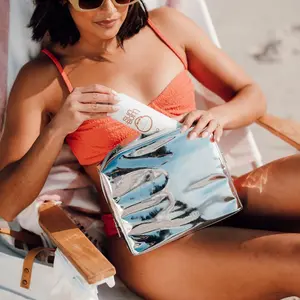 Stay Golden Brands Insulated Weekender Makeup Bag Shiny Silver Travel Accessory for Cosmetics with Reflective Finish