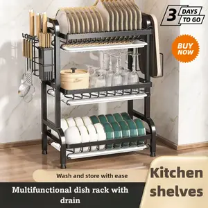 3-Tier Black Dish Drying Rack Large Capacity With Plate Slot Utensil Caddy Knife Block Mug Hook And Drain Tray For Dishes Bowls Pots Pans And Silverware Organizer Sink Countertop Storage Solution