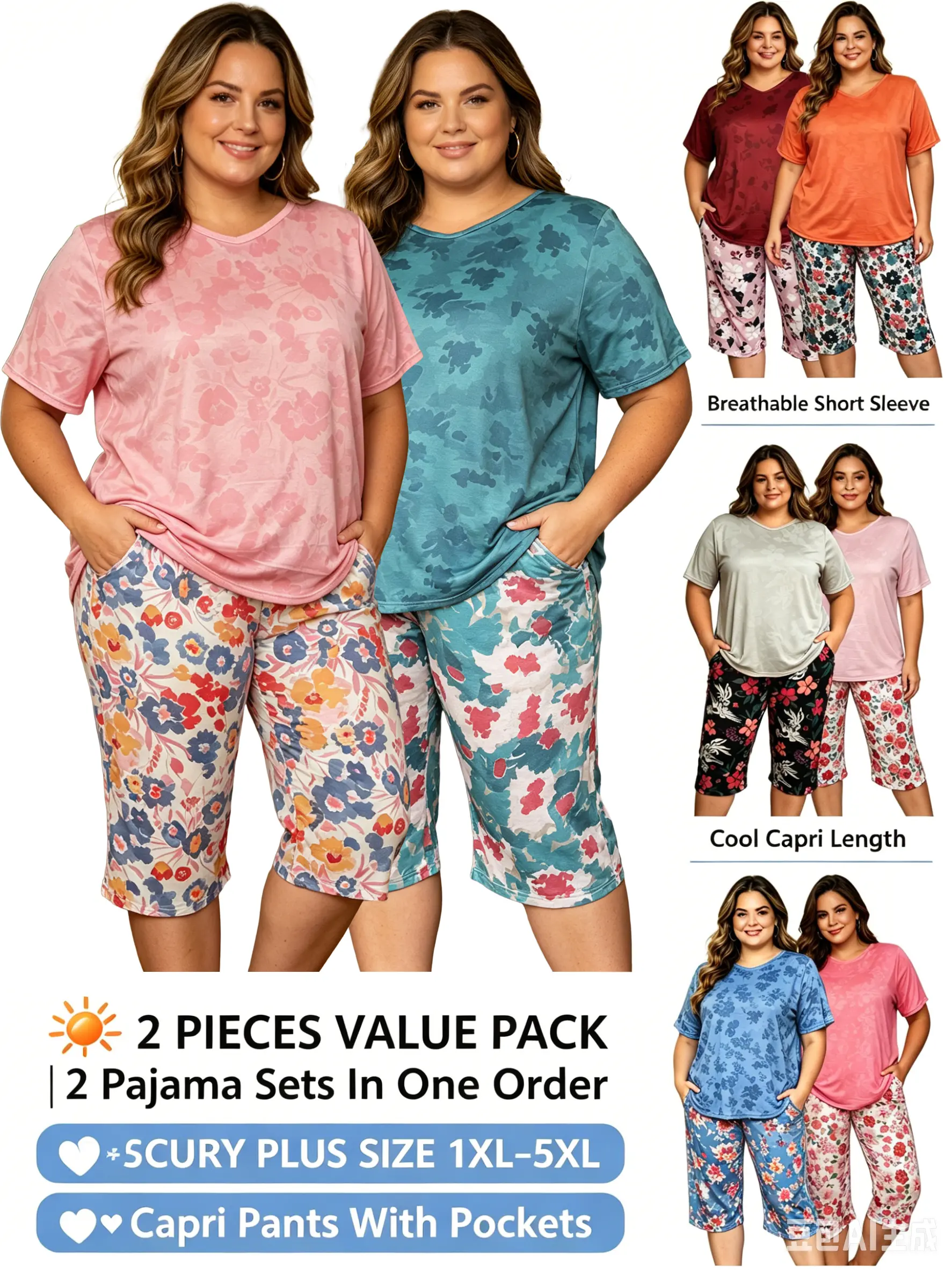 LONAGIRL Plus Size Pajama Sets Women 2-Pack, Floral Short Sleeve Top and Capri Pants Loungewear, Soft Knit Comfy Sets with Pockets, Nightwear 1XL-5XL, Shortsleeve