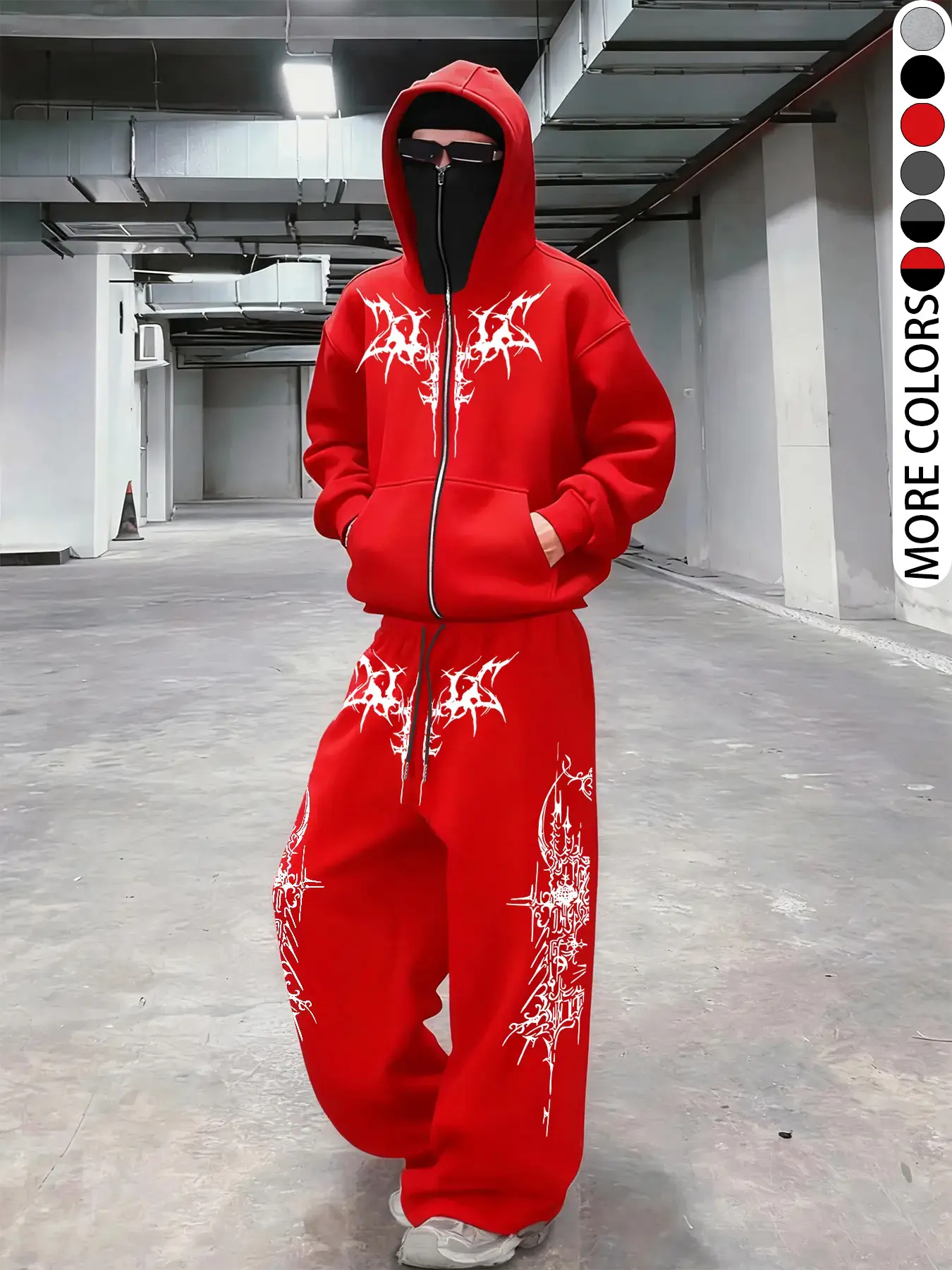 Unisex design, street style, casual, Streetwear, Gothic-themed Graphic print mask with Balaclava hat, zippered sweatshirt hoodie, and wide-leg pants set. Perfect for dark-themed street fashion, motorcycle travel, outdoor activities