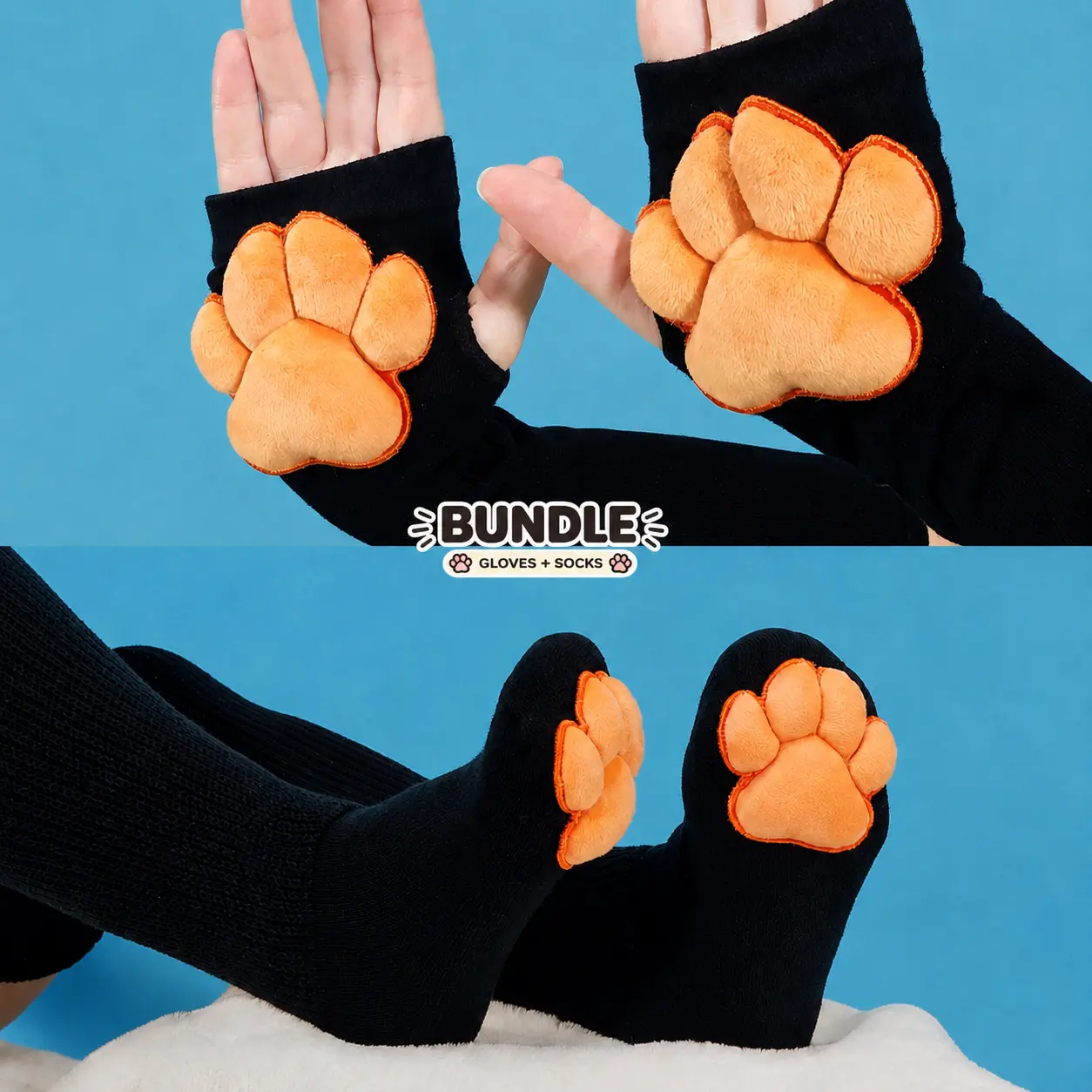 Black Thigh High Cat Paw Socks & Glove Set– Orange Plush Paw Pads
