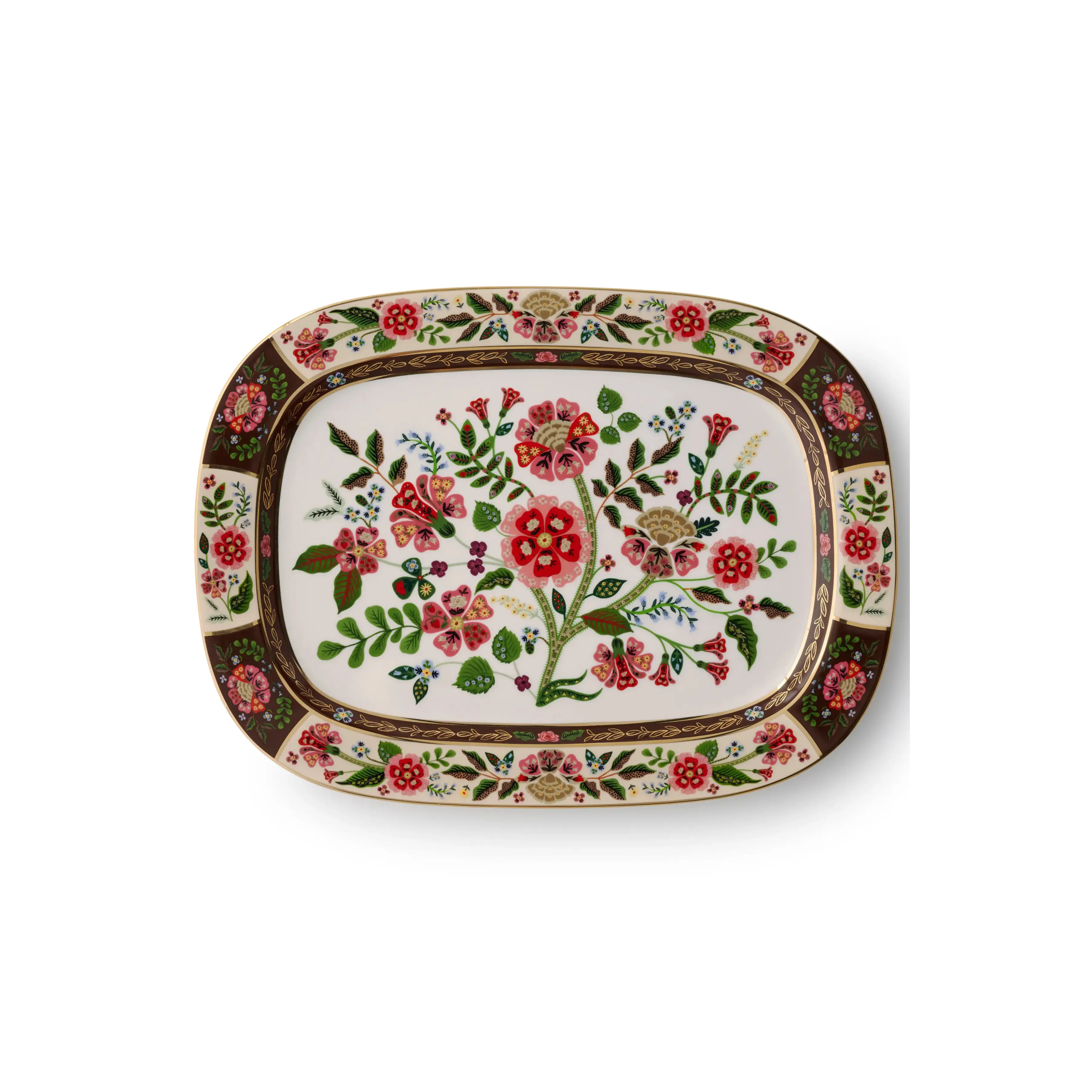 RIFLE PAPER CO Gracie Large Metallic Gold Rim Porcelain Service Plate - 15" w × 11.25" l, Floral Art, Full Color Illustration, Hand-Wash Kitchen & Tableware Dining Platter, Not Microwave Safe