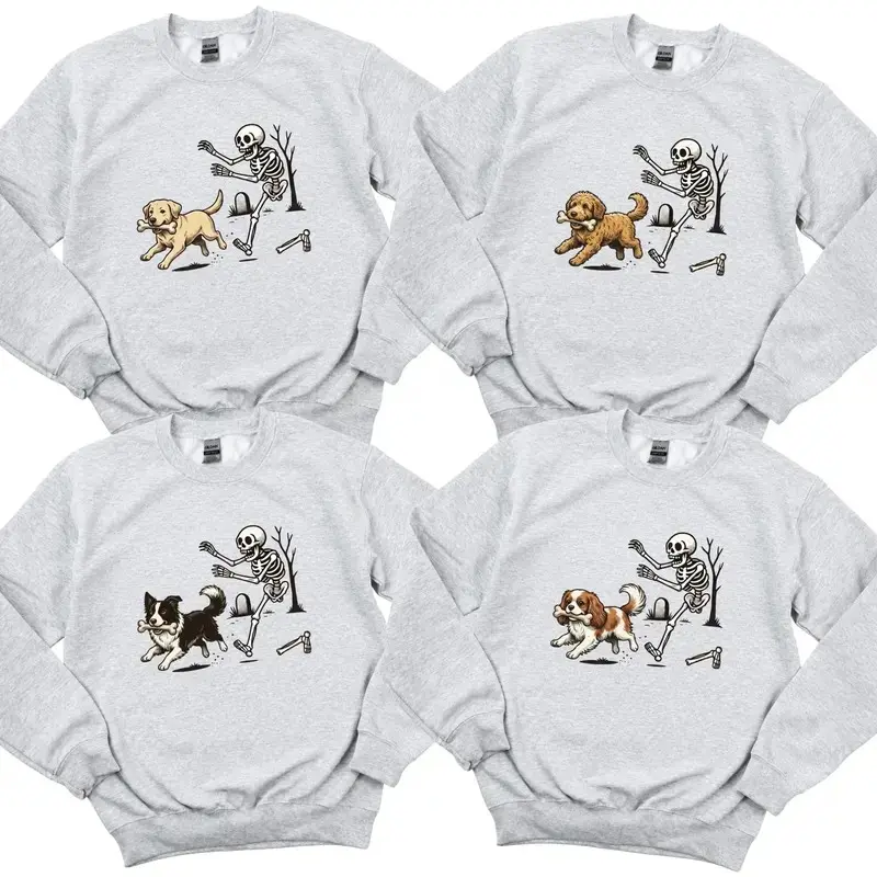 Custom 50+ Dog Breeds Halloween Sweatshirt, Personalized Puppy Skeleton Chasing Dog Crewneck, Funny Spoooky Season Pet Lover Sweater, Dog Mom Dog Dad Halloween Gift- AL