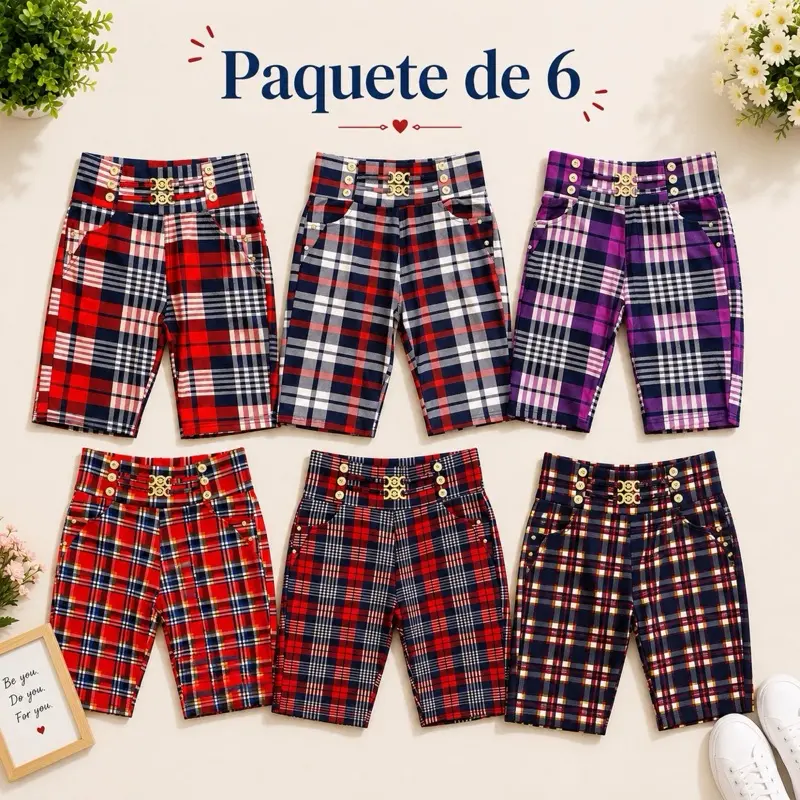 6-Pack Women’s High-Waisted Plaid Bermuda Shorts – Assorted Designs Sizes S/M and L/XL Paquete de 6 Bermudas de Mujer a Cuadros de Cintura Alta – Diseños Variados  Tallas S/M y L/XL