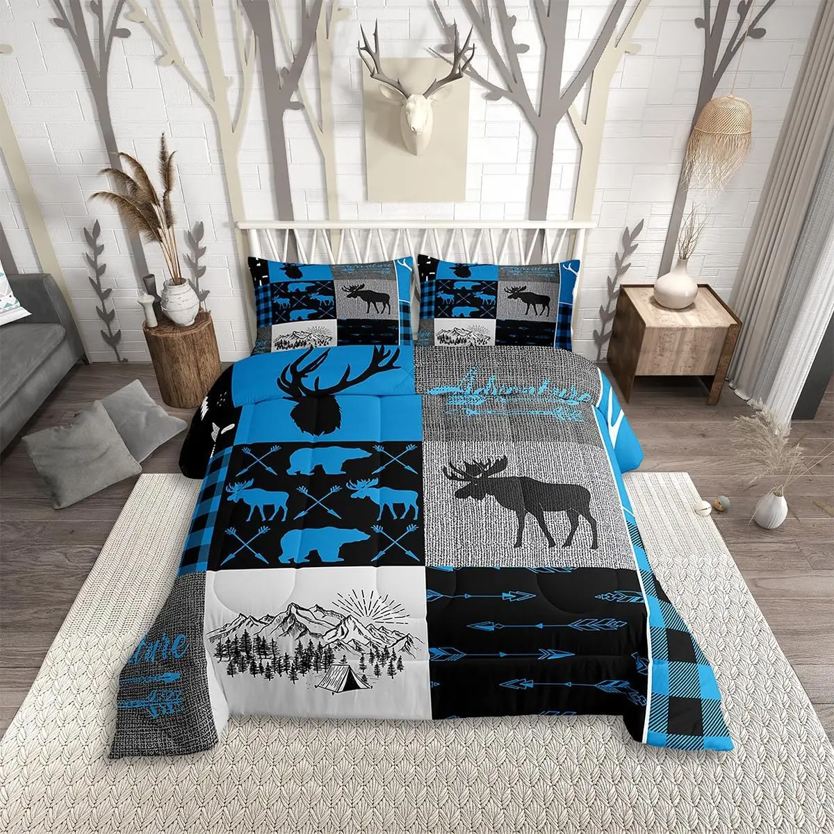 Feelyou Christmas Theme Microfiber Decorative Bedding Set - Plaid Patchwork Comforter with Christmas Deer Antlers, Farmhouse Bear Moose Duvet Insert for Adults, Rustic Lodge Bedding, Microfiber Bedding Set