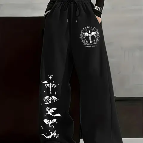 Black Oversized Basgiath Dragon Rider Gothic Drawstring Sweatpants Wide Leg High Waist Rise - Fourth Wing Merch, Womenswear, Casual High Waisted, High Waisted Design, Soft Heavyweight Fabric Streetwear, Bold Dragon Geometric Print, Loose Fit