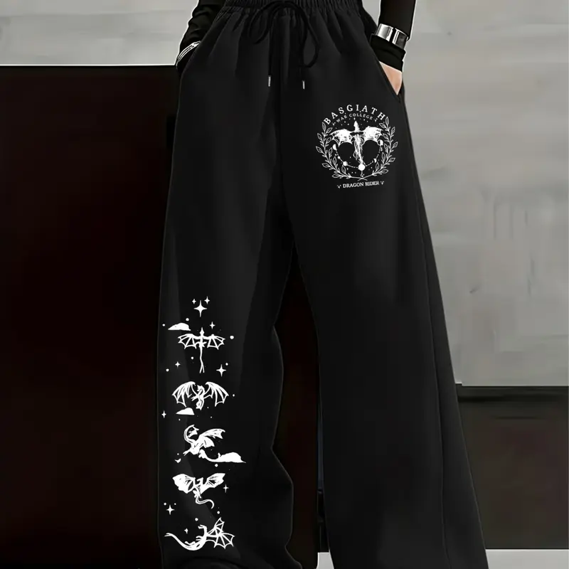 Black Oversized Basgiath Dragon Rider Gothic Drawstring Sweatpants Wide Leg High Waist Rise - Fourth Wing Merch, Womenswear, Casual High Waisted, High Waisted Design, Soft Heavyweight Fabric Streetwear, Bold Dragon Geometric Print, Loose Fit