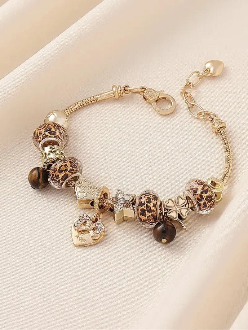 YLNWH Women's Leopard Print Beaded Bracelet with Bow, Heart, Clover and Tiger Eye Stone, Trendy Fashion Jewelry, Heart Shaped Bracelet, Heart Charm Bracelet, Copper Bracelets, Exquisite Bracelet, Perfect for Parties, Nights Out and Daily Wear