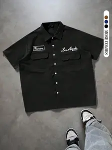 Men's Workwear Style Button-Up Shirt, Casual Letter Print, Loose-Fitting Streetwear, Comfortable All Seasons Outerwear