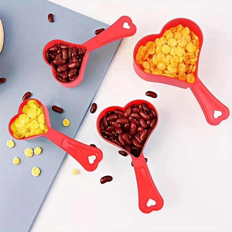 4-Piece Heart Shaped Measuring Cups and Spoon Set | 60ml, 80ml, 125ml, 250ml | Plastic for Coffee, Medicine, Powder | Indoor Outdoor Use, Party, Wedding, Birthday, Valentine's Day