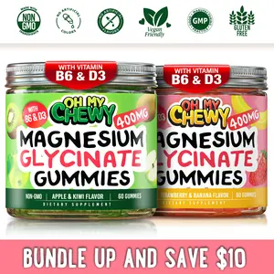 OH MY CHEWY Magnesium Glycinate Gummies Bundle – 2 Bottles (60 Each) – Apple Kiwi & Strawberry Banana Healthy Snacks outdoorfun