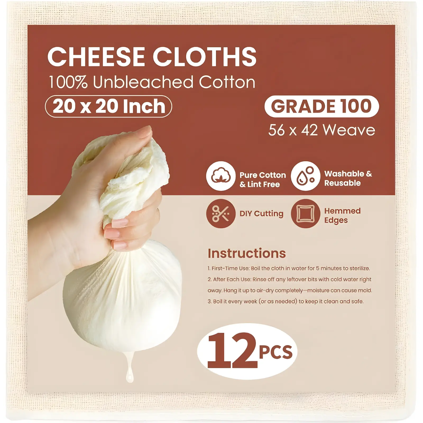 12Pcs Reusable 100% Unbleached Cotton Cheese Cloths (20x20in) - 100-Grade Hemmed Edges Strainers, Specialty Kitchen Utensils for Culinary Uses, Crafting