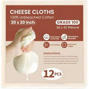 12Pcs Reusable Kitchen Cheese Cloths (20x20in) - 100-Grade Unbleached Cotton Utensils with Hemmed 4 Edges, Reuse-Friendly Straining Bags for Baking, Juicing