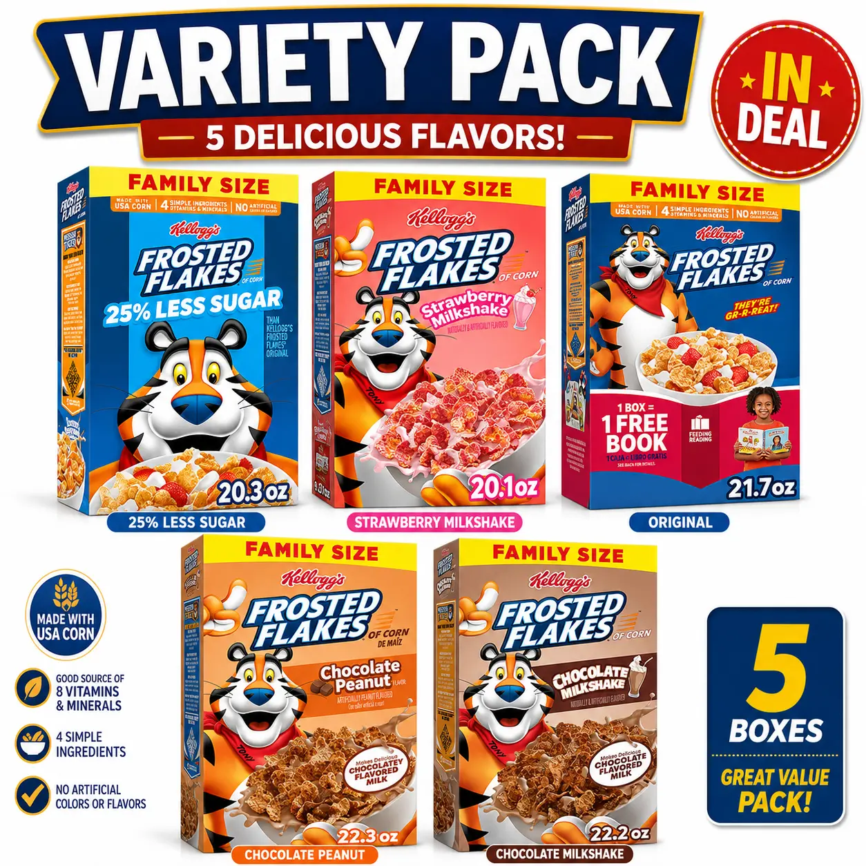 Kellogg's Frosted Flakes Family Size Variety Pack Breakfast Cereal, Original, 25% Less Sugar, Strawberry Milkshake, Chocolate Peanut & Chocolate Milkshake Flavors, 5 Pack