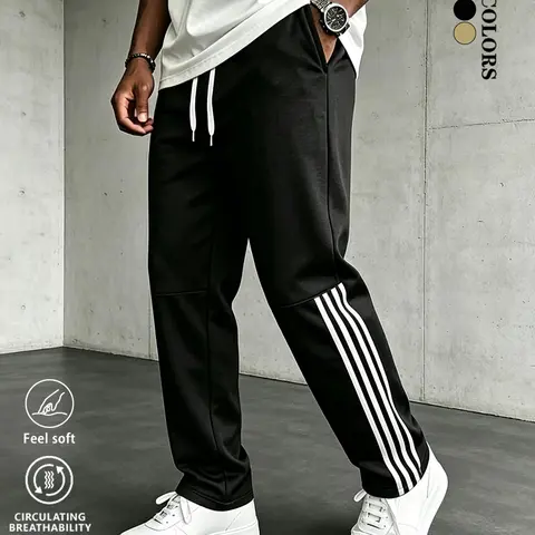Men’s solid-color loose straight-leg striped pants, classic basic sweatpants made from soft knit fabric with slight stretch, drawstring waist, suitable for outdoor workouts and jogging in spring and autumn, with side pockets, ideal for all seasons.