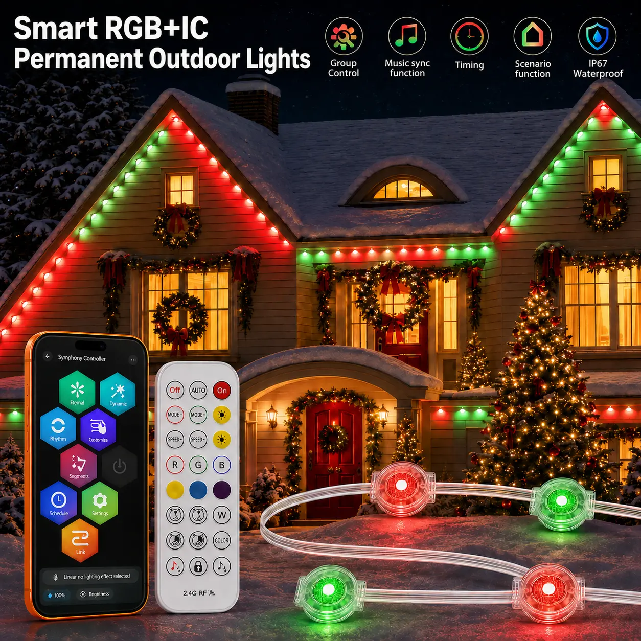 Smart Permanent Eave Lights Outdoor, RGB+IC Waterproof LED Lights for House Roof and Soffit, App and Remote Controlled Color Changing Exterior Lighting for Christmas Halloween Holiday Party Wedding and Everyday Decor