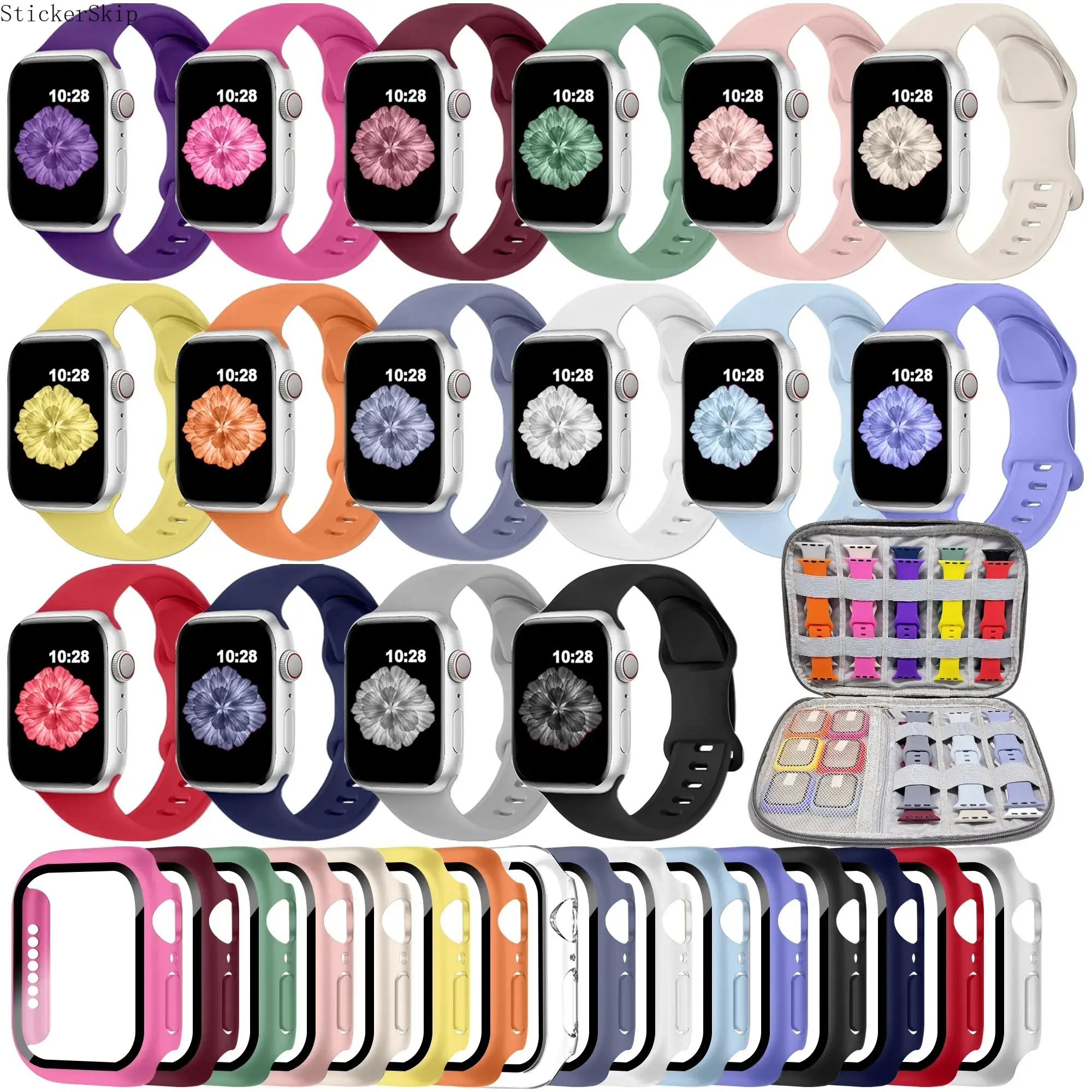 2026 16-in-1 Apple Watch Band Set – Silicone Sport Strap with Case & Screen Protector, Full Protection Kit for Women & Men, Fits 40–46mm (Series 4–10, SE), Durable All-in-One Watch Accessory