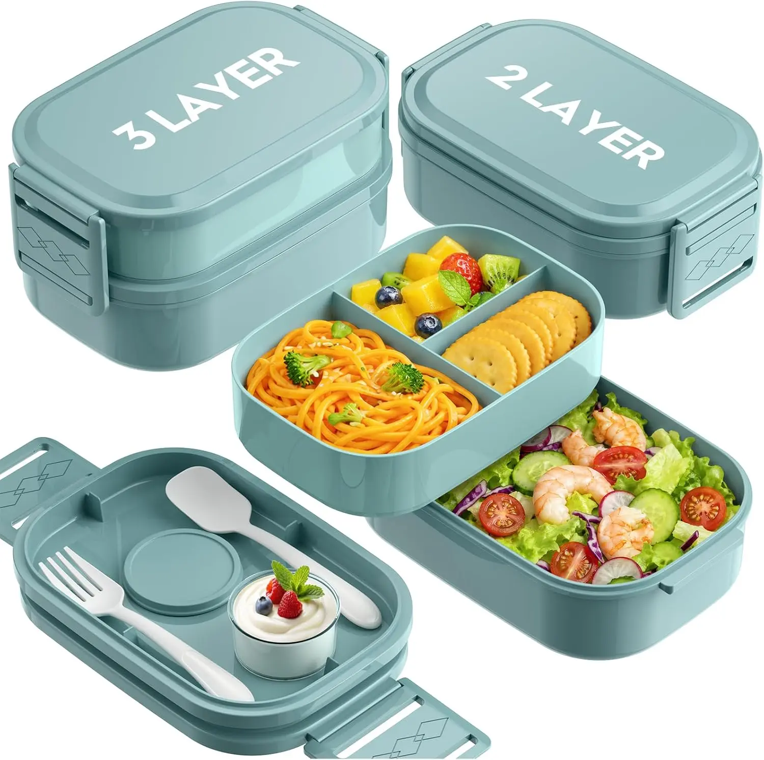 Bento Lunch Box, 65 oz 3-Tier Stackable Lunch Container, Adjustable 2/3 Tier Design, BPA-Free Food-Grade Plastic, Leakproof, Microwave & Dishwasher Safe