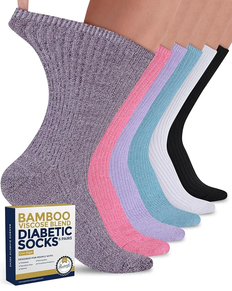 Pembrook Women's Bamboo Viscose Diabetic Crew Socks for Women, 6 Pairs Ribbed Knit Soft Comfy Hosiery, Breathable, Non-Binding, Size 9-11, Diabetic Socks, Foot Pain Relief