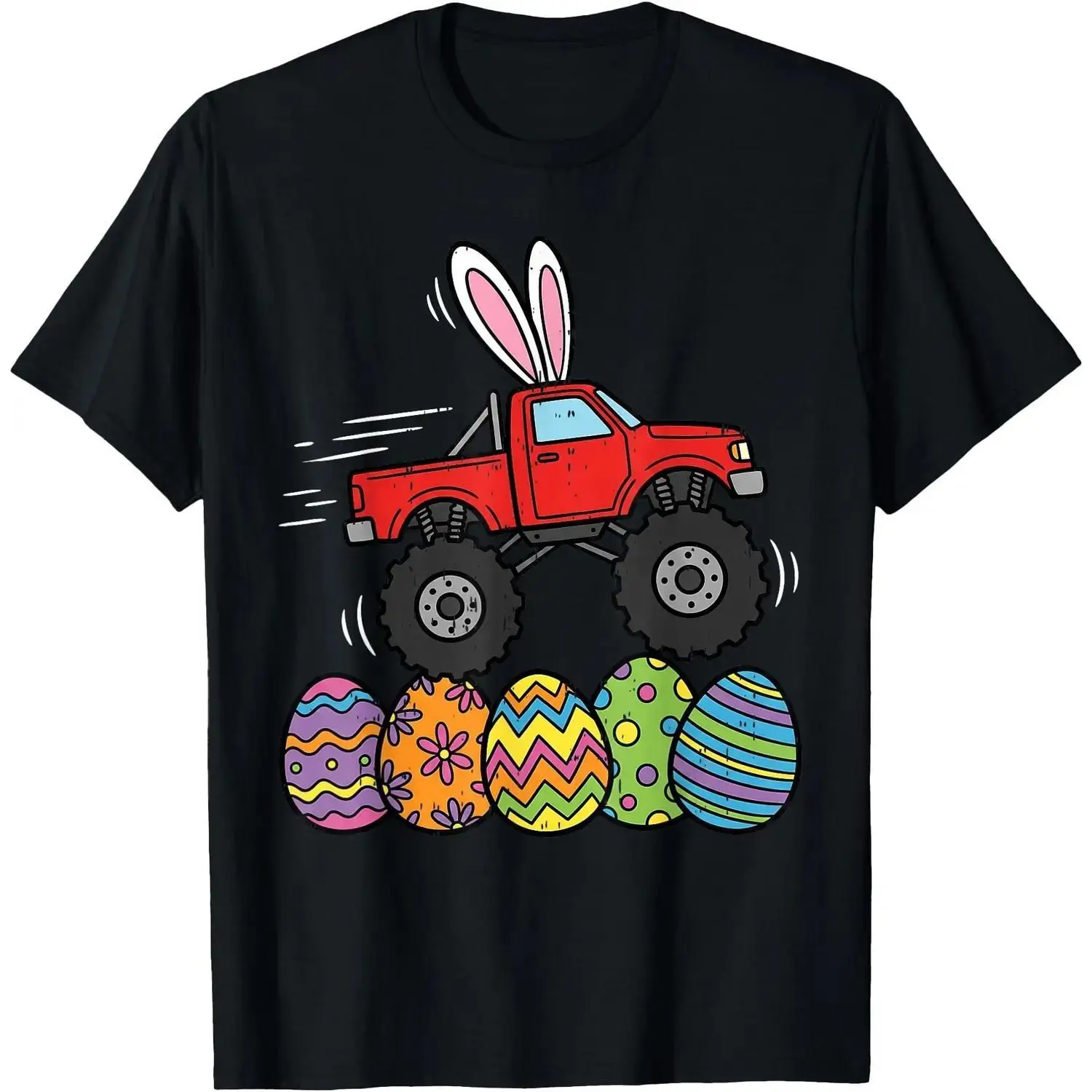 Women's Short Sleeve Round Neck T-shirt, Casual Easter Monster Truck Graphic, Soft Breathable Top for Holiday Celebrations