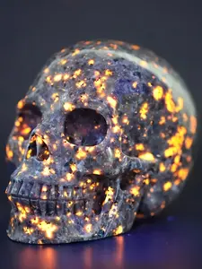 CRYSTALHOLA Handmade Yooperlite Skull - Natural Flames & Quartz Crystal Skeleton for Halloween Decor, Spiritual Healing, Office & Home Use, Rustic Home Decor, Spooky Decor, Natural Look, Intricate Carving, Natural Stone Decor