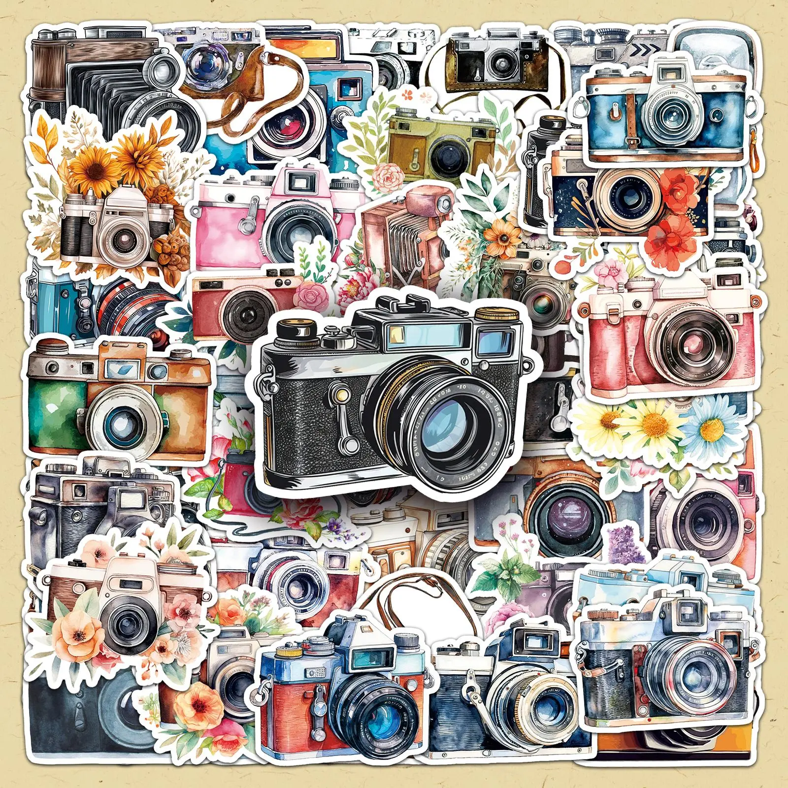 Vintage Camera Pattern Sticker, 100pcs/set Repeat Camera Design Decorative Sticker, DIY Crafts Decorative Sticker for Scrapbooking & Journal Making, Scrapbook Stickers, Sticker Packs
