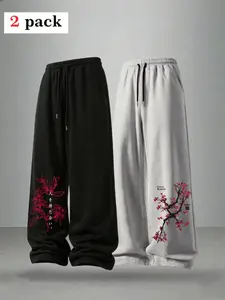 Men's Loose Floral Print Drawstring Sports Pants, Adjustable Waist, Outdoor Versatile Long Pants, Straight Leg Casual Pants 2 Pairs