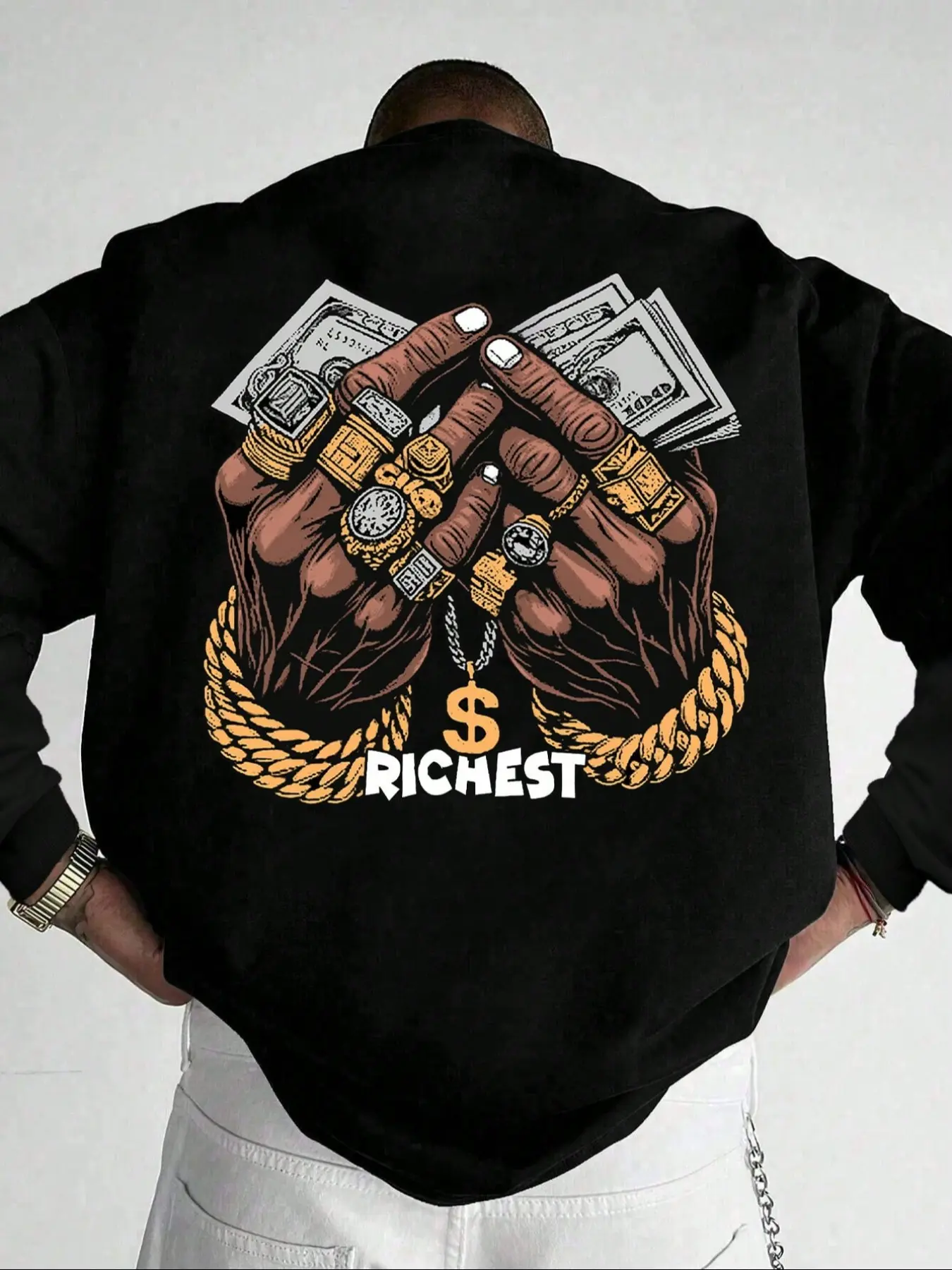 Men's Hip Hop Richest Dollar Money Hands Back Print Crewneck Sweatshirt, Loose Long Sleeve Pullover for Streetwear, Rap Party, Commute & Daily Casual Wear, Men's Fall Outfits & Winter Outfits