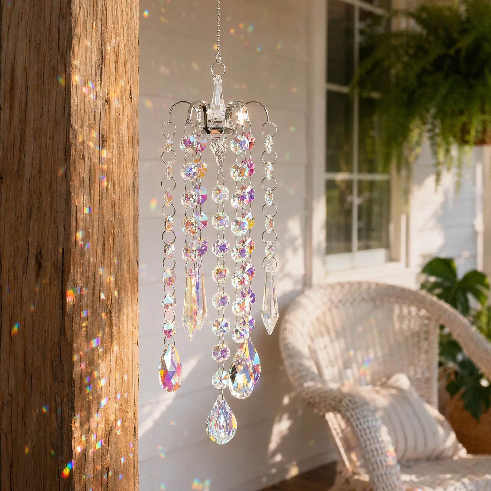 Crystal Sun Catcher, Hanging Suncatcher Chandelier Wind Chime, Handmade Rainbow Maker Indoor Outdoor Decor for Window Bedroom Courtyard Garden, Bless Gift