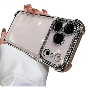 Four-corner anti-fall transparent mobile phone case, frame electroplating, mobile phone case with anti-fall safety pad, suitable for iPhone17promax, iPhone16 15 14 13 12 11promaxplus, sturdy and thickened mobile phone case