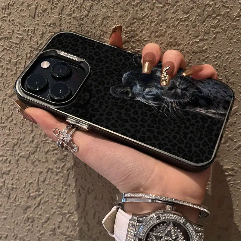 A Black Leopard Print Background Collage Design Suitable for TPU Cases for Iphone 16 Pro Max, Iphone 15 Pro Max/14/16 Plus/15/13 Pro/12/11/7/36 Pro/X/Xr/Xs Max, Featuring a Stylish And Protective PC Case in a Colorful Silver
