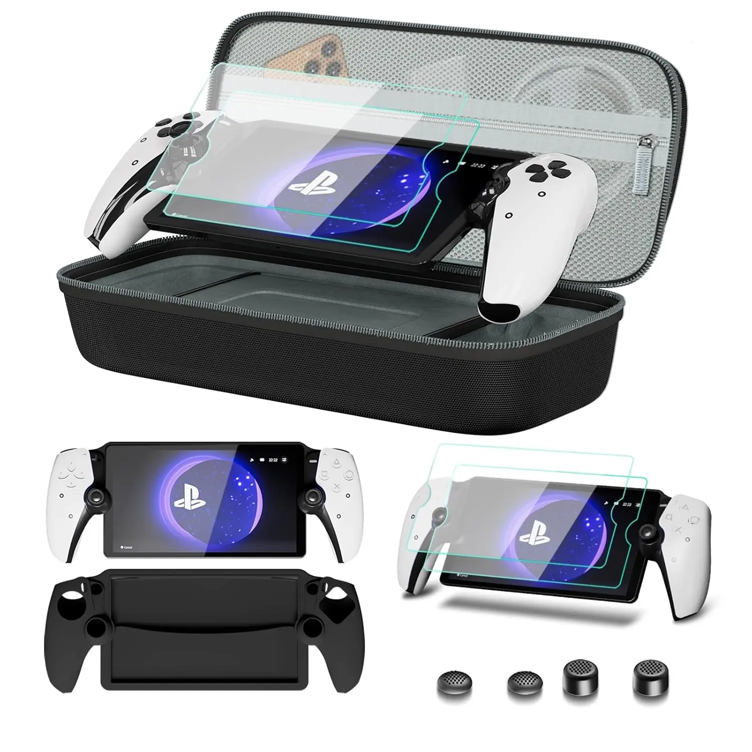 8 in 1 Accessories Compatible with  Portal,Carrying Case for PS Portal,Soft  Protective Cover for PS5 Portal,2 Screen Protector with 4 Thumb Grip (Black)