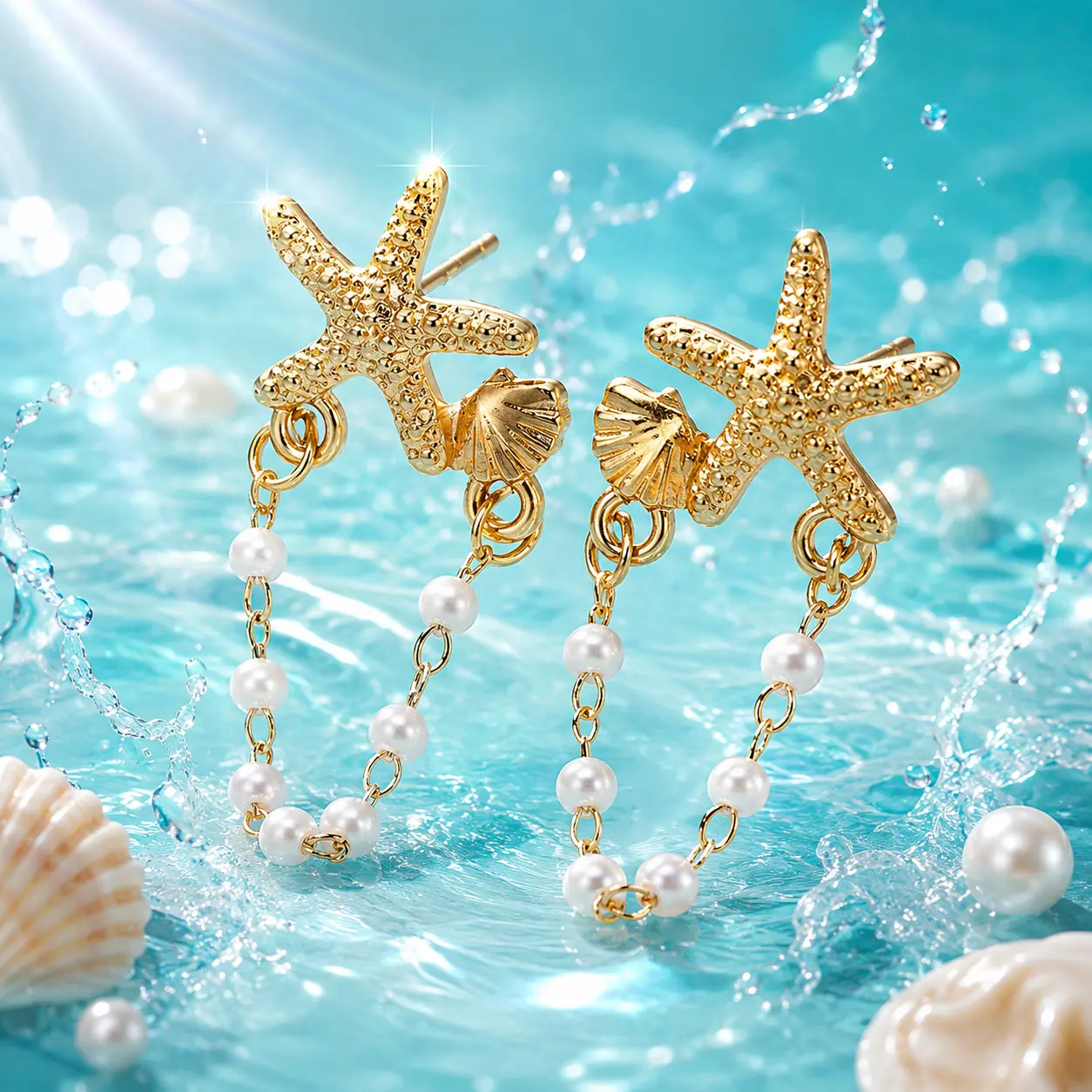 Pair Starfish Earrings for Women 14k Gold Plated Sea Shell Earrings Summer Beach Vacation Outfits for Women